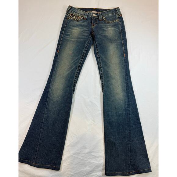 True Religion Joey Studded Jeans Size 26 Ultra Low Rise Y2K Flare Excellent Cond - Picture 2 of 12